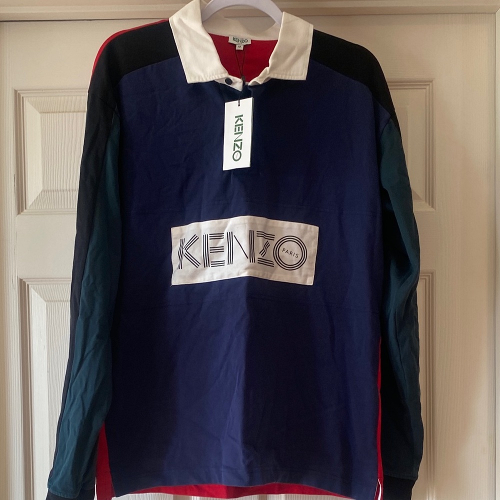 Kenzo Men’s Blue and Red Logo Rugby Shirt Sz M.  NWT. Box7